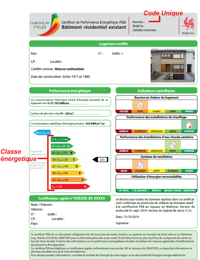 Les mentions à intégrer dans les publicités sont extraites du certificat PEB :